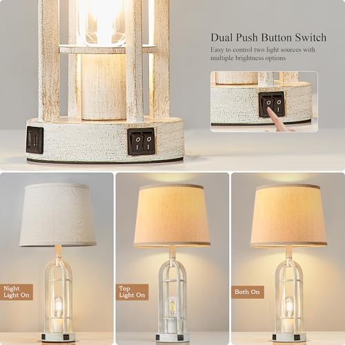 SRJJA Farmhouse Table Lamps for Living Room Set of 2 - Rustic Industrial Bedside Lamps for Bedroom Nightstand with Nightlight and USB A+C, 4 Bulbs Included