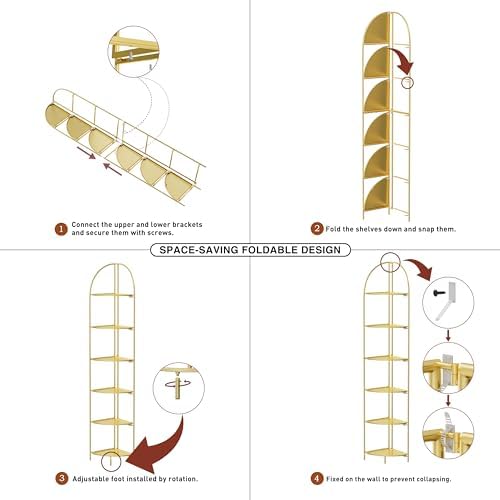 Crofy 6-Tier Foldable Corner Shelf, Metal Gold Frame & Shelves