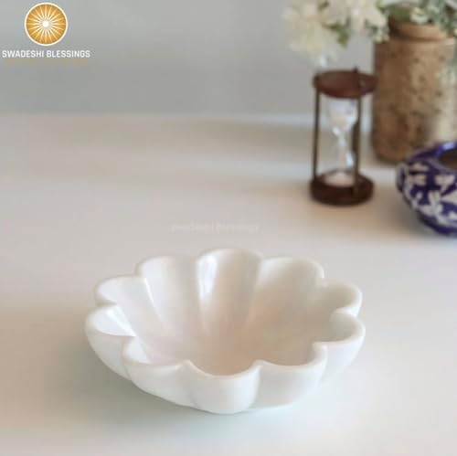 HandCrafted Marble Decorative Bowl | White Ruffle Scalloped Fluted Key/Fruit Ring Dish | Organic Modern Home Decor (10 Inches)
