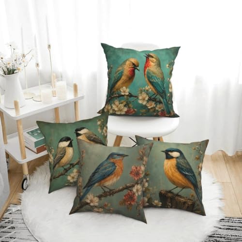 Vintage Bird Throw Pillow Covers Set of 4 Decorative Soft Double Sided Print Pillow Case Farmhouse Home Decor for Living Room Sofa Couch 18x18