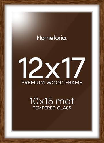Homeforia 12x17 Brown Oak Picture Frame, High-End Wood, 10x15 Mat, Glass