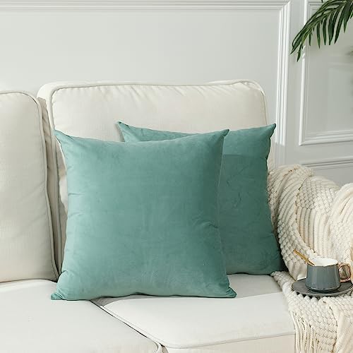 Stellhome Soft Velvet Throw Pillow Covers Square Decorative Cushion Covers for Spring Sofa Bedroom Bench, 18 x 18 inch (45 x 45 cm), Sage Green, Pack of 2