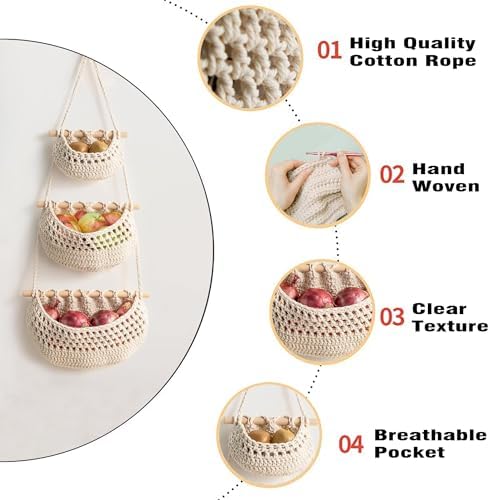 AARAINBOW Wall Cotton Hanging Baskets, Large 3 Tier Decorative Wall Basket, for Nursery, Boho Kitchen Decor - Cotton Rope Fruit basket (White)