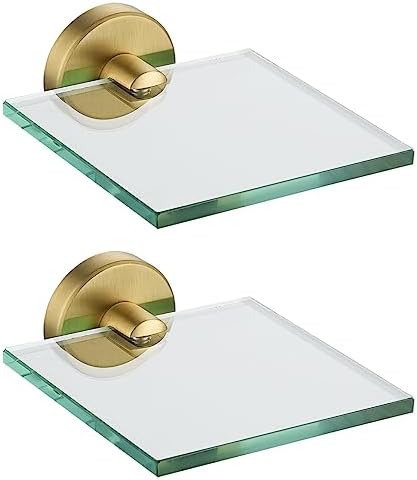 JQK Small Floating Glass Shelves Gold, 4 Inch Display Ledges for Wall, Mini Decor, Living Room Bedroom Bathroom, Tempered Glass Shower Storage, 2 Pack, TGS101L4-BG-P2