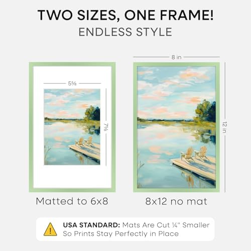 Homeforia 8x12 Green Picture Frame, High-End Metal, 6x8 Mat, Glass
