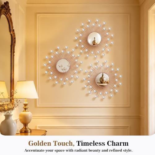 3 Pack Metal Mirrors for Wall Sunburst Wall Mirrors Home Décor Decorative Hanging Wall Art for Living Room Bedroom Entryway (Rose Gold2 Crystal, Sunburst)