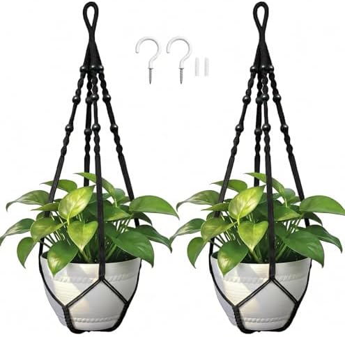 Macrame Plant Hanger, Up to 4-15 inch Pots, Wood Beads Cotton Hanging Planter Holder for Indoor Outdoor Boho Home Decor, 35 Inch, Set of 2 (Black)