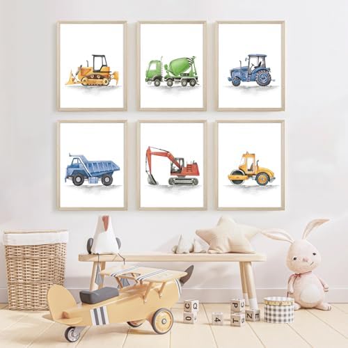 Boys Truck Wall Art Set of 6 Truck Vehicle Canvas Wall Decor Toddler Construction Wall Art Watercolor Playroom Kids Pictures Prints Nursery Artwork for Room Bedroom 12x16 Inch Wood Framed