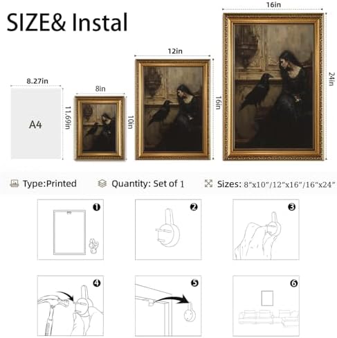 Vintage Gold Framed Dark Academia Wall Art Gothic Canvas Art Prints | Lady and Raven Pictures Victorian Cottagecore Paintings Wall Decor Artwork for Living Room Bedroom 8x10in