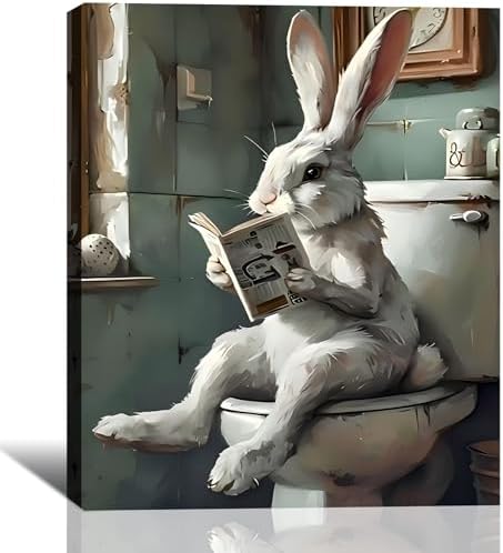 Oversize Whimsical Easter Bunny Reading on Toilet Canvas Art, Unique Framed Rabbit Wall Decor for Bathroom, Retro Easter Paintings Prints for Home Wall Decoration, 24x36 In
