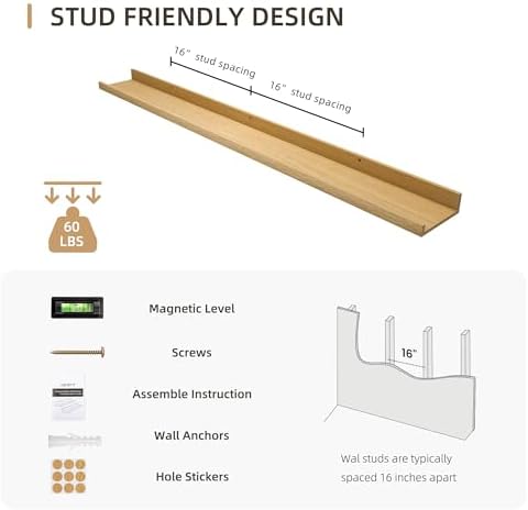 Acovy Picture Ledge Shelf, Wood Long Floating, Set of 2, 48 inch, Oak