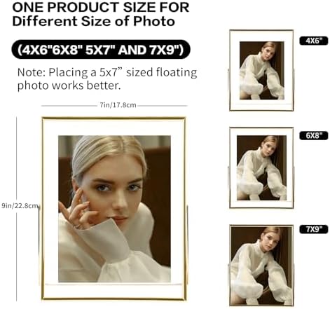 Gold Floating Picture Frame set of 2, 7"×9" Frame For Picture 5×7 4x6 6x8 2x3 Metal Glass Photo Frames,Tabletop Display Vertically,Home Wedding Party Office Decor