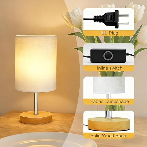 Small Table Lamp Set of 2, Bedside Lamp with 3000K Warm LED Bulb Included, Nightstand Lamp for Living Room Office Dorm Kids Room, Easy Assemble Minimalist Cream Shade & Wood Base(5W)