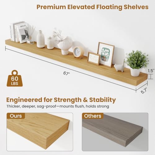 Fun Memories 67 Inch Fireplace Mantel Set of 2, Long Floating Shelf for Bedroom|Living Room, Wall Mounted Farmhouse Display with Invisible Heavy Duty Metal Bracket, Oak