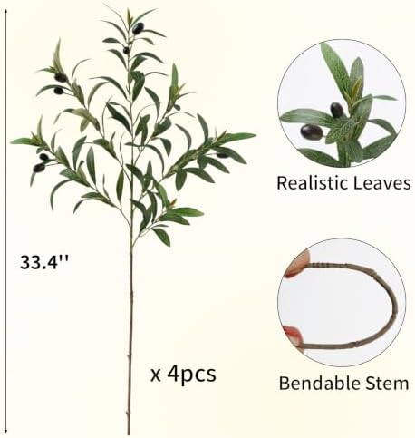 Leftover 4 Pcs 33.4'' Faux Tall Olive Branches for Vase Realistic,Tall Faux Greenery for Vase,Fake Plants,Eucalyptus Stems,Faux Stems for Centerpieces Decoration,Home Decor,Coffee Table Decor