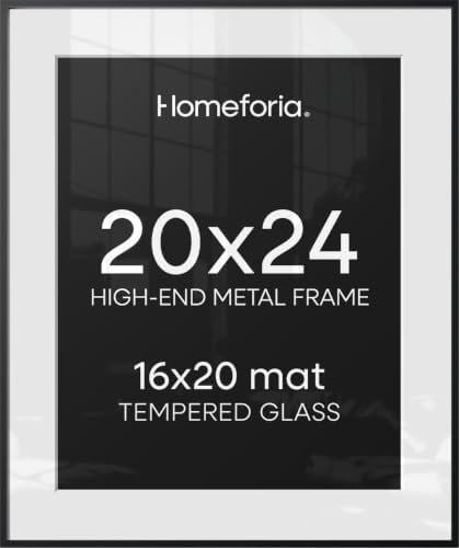 Homeforia 20x24 Black Picture Frame, High-End Metal, 16x20 Mat, Glass