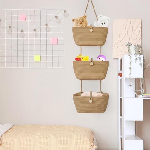 TeoKJ Over the Door Hanging Baskets with Wooden Button, 3-Tier Woven Cotton Storage Organizer Bag, Wall-Mounted with Hook Decorative Hanging Nursery Baskets, Jute