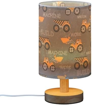 Table Lamp Construction Car Truck Excavator Nightstand Lamp with Wood Base Fabric Lamp Shade Bedside Desk Lamp for Living Room Bedroom Kids Room Office