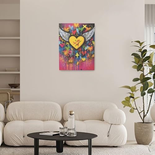 Crekviy Banksy Wall Art Street Graffti Wall Decor Heart Wings Canvas Prints Painting Romantic Artwork Decorations for Bathroom Bedroom Living Room Office Framed Gifts 12"x16"