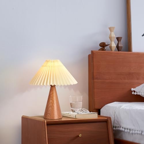 Ziqqeelam Wood Grain Small Table Lamp, Cute Table Lamp, Pleated Table Lamp, Wooden Bedroom Lamps for Nightstand, Small Scalloped Lamp Shade Table Lamps for Small Spaces for Bedroom,Living Room