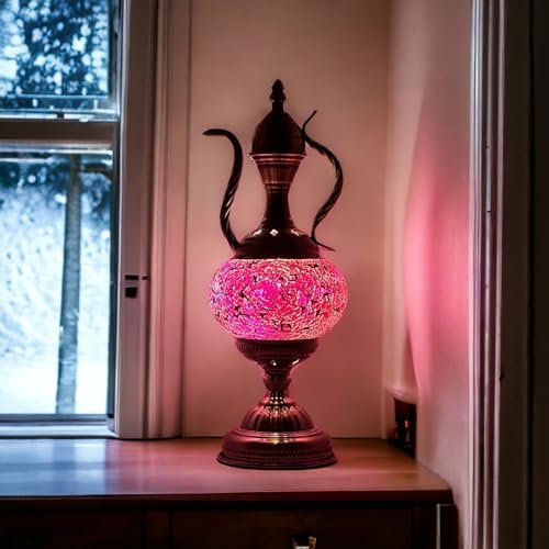 SILVERFEVER Handcrafted Mosaic Turkish Lamp Moroccan Glass Table Desk Bedside Light Bronze Base with E12 Bulb (Lavander Aladin)