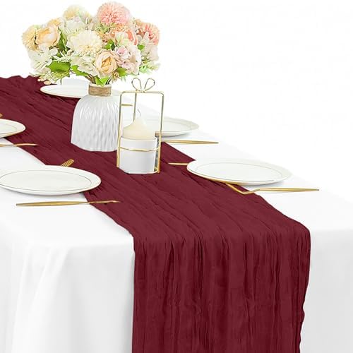 10FT Burgundy Cheesecloth Table Runner Gauze Fabric Boho Cheese Cloth Table Runner Rustic Semi Sheer Runner for Wedding Holiday Bridal Shower Birthday Party Table Decor (35 x 120 Inches Long)