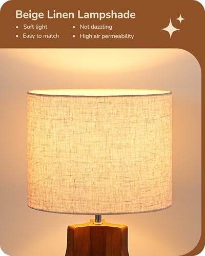 EDISHINE 14.6" Modern Table Lamp, Rose Wood Base Nightstand Lamp, E26 Base