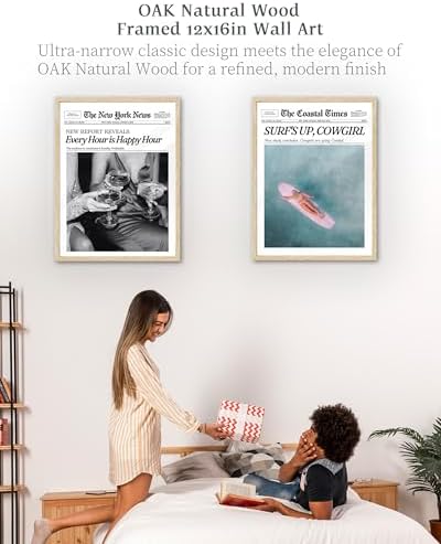 iHery 12x16in Surf’s Up Cowgirl Framed Newspaper Wall Art | Natural OAK Wood Frame with Canvas Print, Coastal Western Decor for Bedroom, Girl Dorm, Living Room and Bar Cart, 1Pack