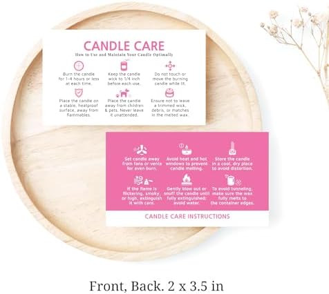 200 pack - Premium Handmade Candle Care Instruction Cards Pink 2x3.5 in, Small Business | Soy Bees Wax Melt, Candle Makers, Making Supplies Kit Set, Containers, Jars, Pot, Package