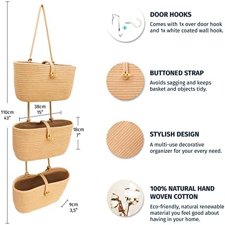 OrganiHaus Over the Door Organizer, Woven Rope Hanging Baskets, 3-Tier