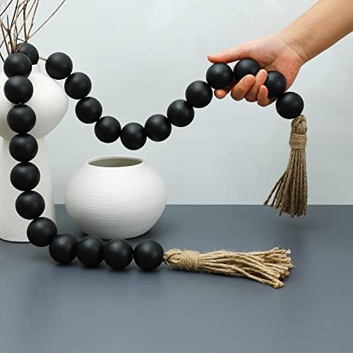 Large Black Wooden Beads Garland Farmhouse Decor 50inch long with 1.6" Diameter beads, Wood Beads Decor Tassel Garland Decorative Boho Country Decoration for Coffee Table Home Tiered Tray Wall Hanging