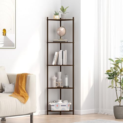 Wisuce Brown Tall Corner Shelf Stand, 5-Tier Bamboo Corner Bookshelf