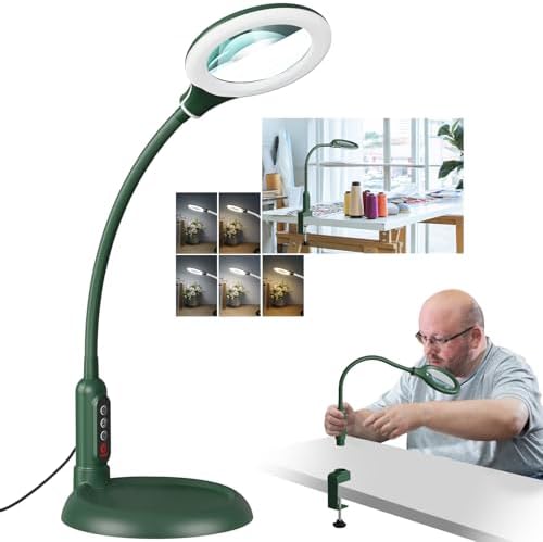 12X Magnifying Glass with Light and Stand, Real Glass, LED 5 Color Modes, Brightness Stepless Dimming Lighted Magnifier Hands Free, Flexible Gooseneck Desk Lamp with Clamp for Close Work, Craft, Green