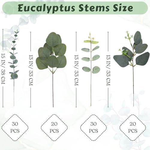 Eucalyptus Leaves Stems 100 PCS, 4 Kinds Mixed Artificial Greenery Stems for Wedding Decor Vase Floral Arrangement Centerpiece