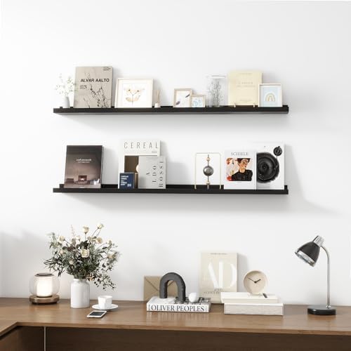 Acovy Picture Ledge Shelf, Wood Long Floating, Set of 2, 48 inch, Black