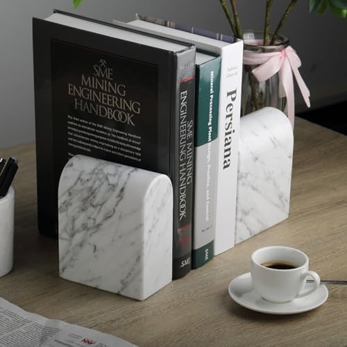 Koville Natural Italian Marble Bookends for Shelves, Book Ends for Heavy Books, 13LBS Ultra Heavy Duty Book Holders, Triumphal Arch Bookends Office Bookshelf Decor for CDs/Video Games(Bianco Carrara)