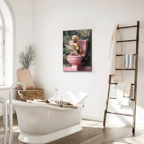 Crekviy Funny Golden Retriever Bathroom Decor Wall Art Dog Sitting on Toilet Pictures Cute Puppy Canvas Prints Painting Animal Restroom Artwork Home Decorations Framed Dog Gifts 12"x16"