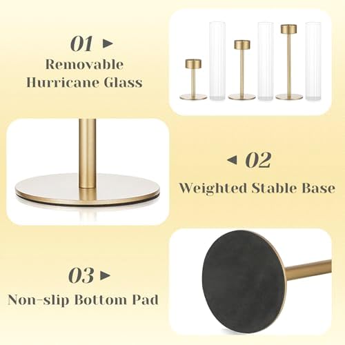 Hewory Gold Hurricane Candle Holder: 3PCS Candlestick Holders for Decor