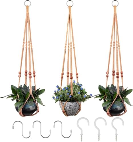 RIFNY Macrame Plant Hanger Indoor, Hanging Plant Holder, Brown, 3 PCS