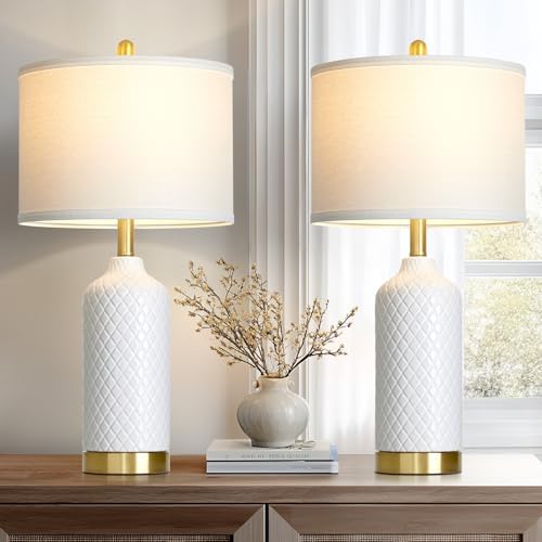 26“ White Ceramic Table Lamps for Living Room, Modern Ceramic Lamps Set of 2, Tall Bedside Lamp for Nightstand, Classic Farmhouse Bedroom Lamp for Desk Side End Table Home Decor
