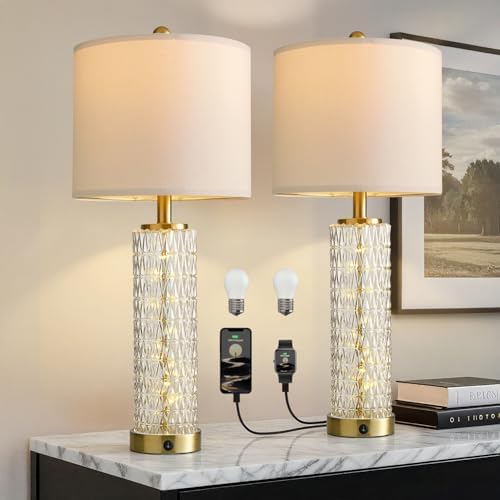 Oneach 27.75” Table Lamps Set of 2, Gold Modern Bedside Lamp with LED Night Light, USB A+C, Glass Lamps for Living Room, Bedroom, Nightstand, Office, End Table (2 Bulbs Included)