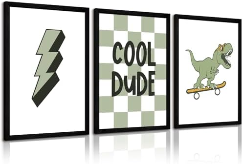 Nursery Dinosaur Wall Art Prints Set of 3 Boys Room Canvas Wall Decor Toddler Kids Prints Dinosaur Skateboard Pictures Poster Boys Dino Artwork Decor for Bedroom 12x16 Inch Wood Framed