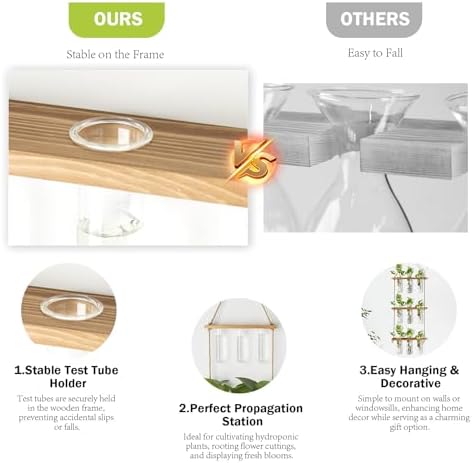 XXXFLOWER Wall Hanging Propagation Station with Wooden Stand Glass Test Tubes Tiered Planters Wall Terrarium for Home Office Plant Hanger Flower Vases Wall Decor Hydroponic Cuttings (9 Tube Vases)