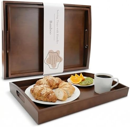 GOLD HONEY Bamboo Serving Tray with Handles, Wooden Serving Tray Set of 2
