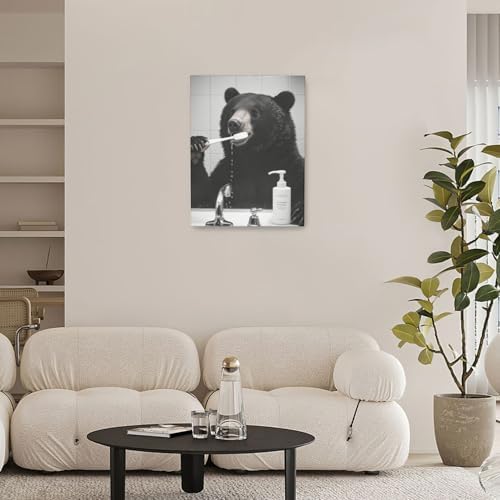 Crekviy Funny Black Bear Bathroom Decor Wall Art Bear Pictures Cute Animal Canvas Prints Painting Artwork Home Decorations Framed Gifts 12"x16"
