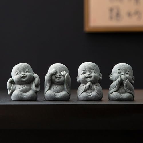 UTTCMK Laughing Buddha Statue Decor - 4Pcs Small Zen Monk Sandstone Buddha Sculpture for Wealth Good Luck Feng Shui Decor, Cute Zen Decoration for Home Office Desk Indoor and Outdoor(Gray)