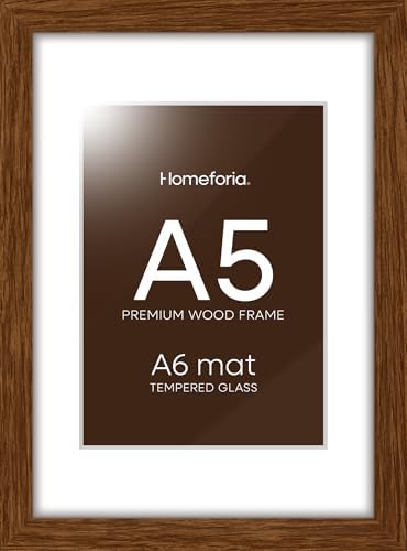 Homeforia A5 Brown Oak Picture Frame, High-End Wood, A6 Mat, Glass