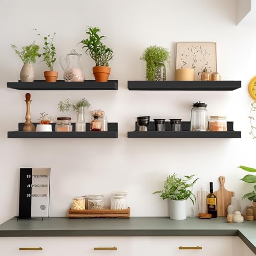 LaVie Home 23.6-Inch Black Floating Shelves for Wall Storage Set of 4 - Modern Minimalist Picture Ledge Shelf Wall Decor for Kitchen, Bedroom, Bathroom, and Living Room