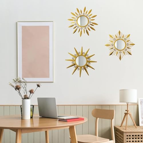 Champagne Gold Round Mirrors for Wall Art Pack of 3 Decorative Mirror | Wall Home Decor& Vintage Room Decor, Sunburst Circle Mirrors Modern Valentine Gifts for Women & Moms