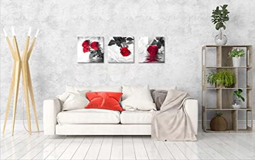 NAN Wind Canvas Print 3 Pcs Red Rose Wall Decor Black and White Abstract Wall Art for Modern Home Decor for Living Room Stretched and Framed Flower Picture on Canvas (16X16inchX3pcs, Red Rose)